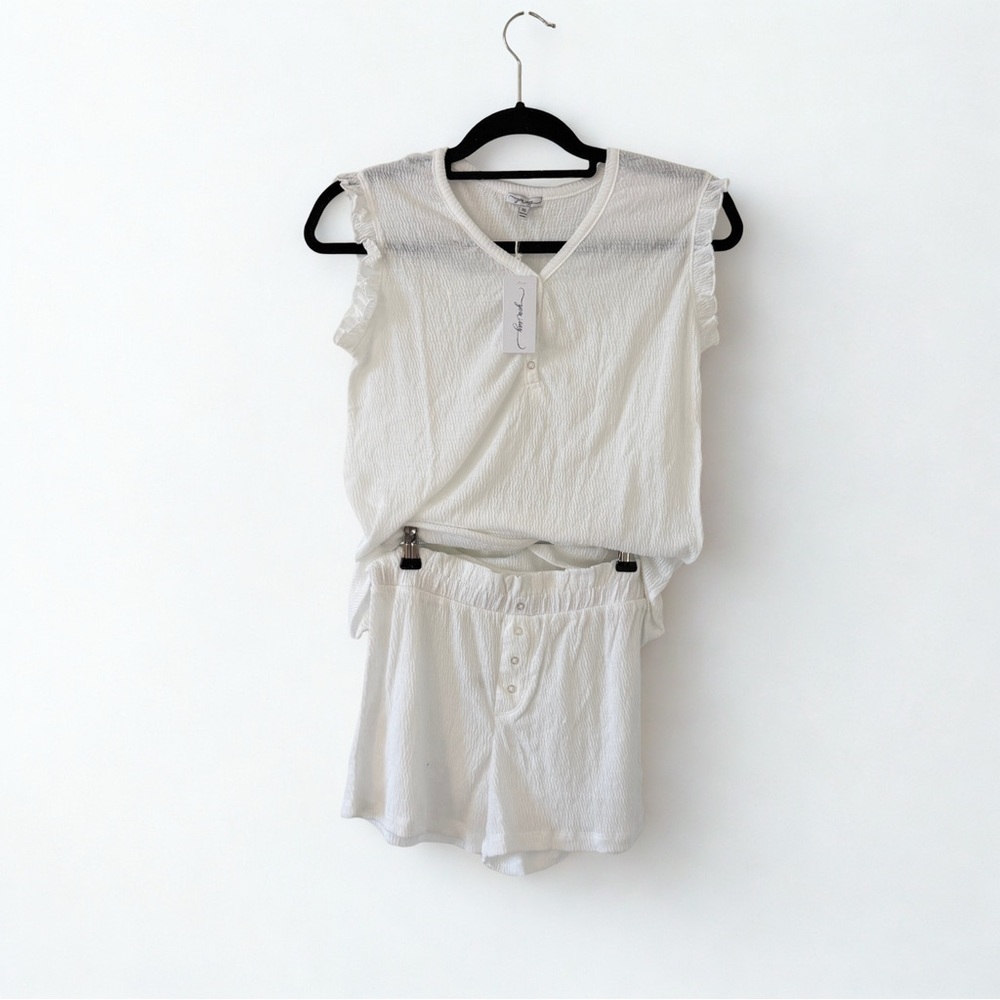 Women’s Cream Ruffle-Trim Sleep Set - Sleeveless Top & Shorts
